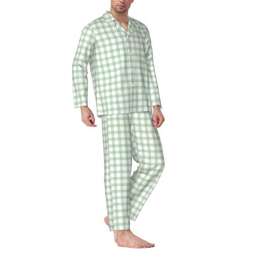Mens Pajamas Set Light Green Checkered Grid Button Down Pajamas Sets For Men Long Sleeve Lounge Pj 2 Piece