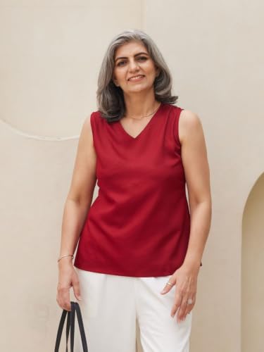 Image of SAADAA V-Neck Tops for Women| Viscose Fabric | Sleeveless Design | Relaxed Fit for Everyday Comfort | Office & Casual Wear