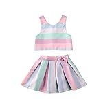 Feature: Round Neck, Pull on Closure, Striped Print, Fashion and sweet Vest Top and Mini Skirt outfit, your little girls will get lots of compliments when wearing it.