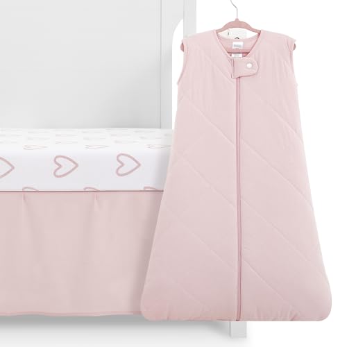 Image of Evolur Baby Pink and Heart Print 3 Piece Mini Crib Bedding Set, Machine Washable, Soft and Breathable Toddler Bedding Set, Includes Fitted Sheet, Comfortor and Crib Skirt