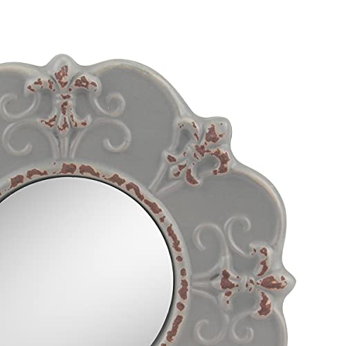 Stonebriar 8" Round Light Gray Ceramic Accent Wall Mirror with Attached Hanging Loop, Decorative Vintage Decor for the Living Room, Bedroom, Hallway, and Entryway