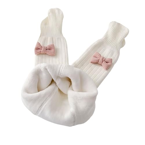 Baynoyia Toddler Baby Girl Fleece Lined Tights Winter Ribbed Knit Footed Leggings Bow Dec Stockings Pantyhose Socks (White, 6-12 Months)