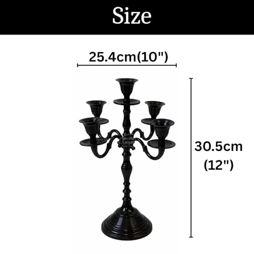 Image of 5 Arm Black Metal Candelabra Candle Stand | 12 Inch Tall Decorative Candlestick Holder for Dining Table, Living Room, Wedding & Home Decor (Black)