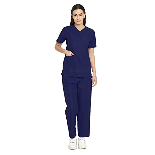 Image of IS IndoSurgicals Faux Wrap Scrub Suits for Doctors Women OT Dress (XL, Navy Blue)