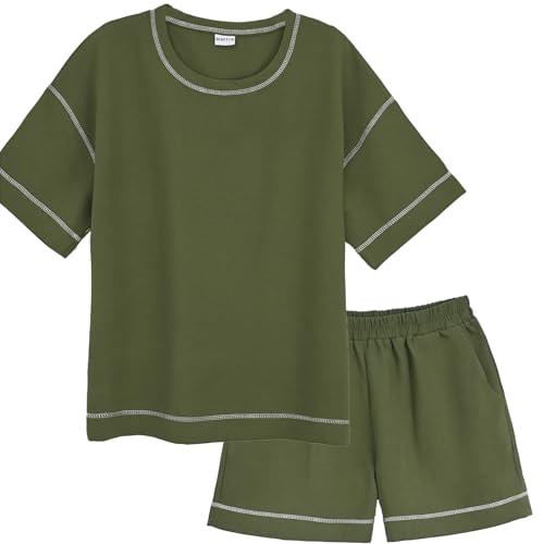 Image of BEAUTYZIN Waffle Knit Women Tracksuit, 2 Piece Short Sets, Lounge Set for Women,Outfits Tracksuit with Pockets Army Green