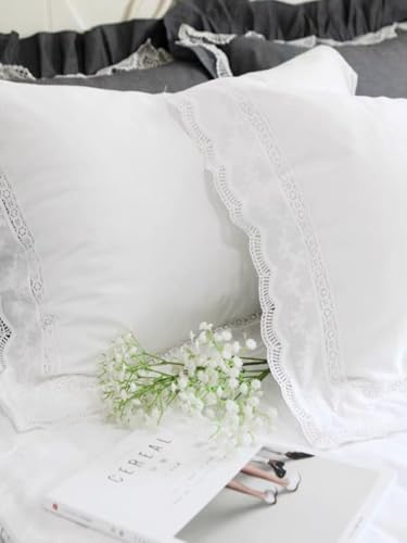 Meaning4 White Lace Pillow Shams Queen Size Pillowcases Cotton For Bed French Country Style 2 Pieces 20 Inchx30 Inch Shabby Chic thumb #4