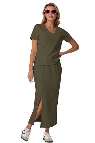 Image of GRECERELLE Women Summer Casual 2 Piece Sets V-Neck Wrinkle-Free Top & Elastic Waist Midi Side Slit Skirt with Pockets