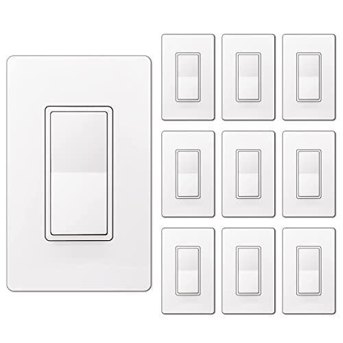 [10 Pack] Bestten Single Pole Decorator Wall Light Switch With Screwless Wallplate, 15A 120/277V, On/Off Paddle Rocker Interrupter, Ul Listed, White #TOP19