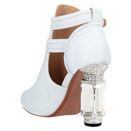 XYD Women Peep Toe Booties Style Pumps Fancy Cylindrical Crystal Block Heels Dual Buckles Ladies Event Party Shoes4