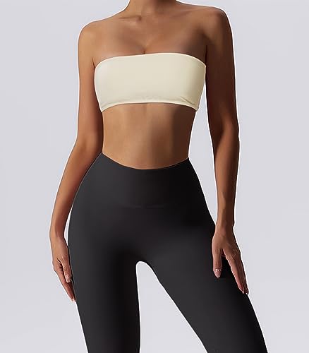 Image of Boudaner Women's Padded Bandeau Sports Tube Top Bra Strapless Yoga Bralette | Seamless Wireless Invisible Bra, Non-Slip Soft Solid Top for Gym Daily Going Out Workout Wear