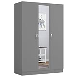Nera 3 Door Wardrobe for Bedroom 120cm Wide with Mirror Shelves and Hanging Rail Storage Cabinet (Grey)