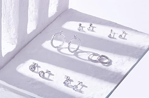 6 Pairs Sterling Silver Stud Earrings for Women Girls, Hypoallergenic Silver Hoop Earrings and Stud Earrings Set, Small Cartilage Cubic Zirconia Hoops Earrings, Earring Studs Sets for pack Piercing
