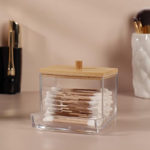 Porta Algodao e Cotonetes Kit Organizador Acrilico Transparente Com Tampa Bambu Higiene Pessoal Supo