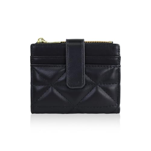 WishLotus Small Wallets for Woman, Fashion PU Leather Card Holder Wallet with Snap and Zipper for Closure 8 Card Slot Bifold Wallets for Dating Traveling Shopping (Black)