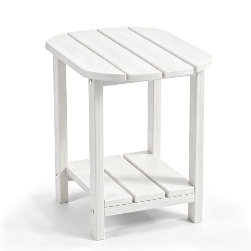 Image of Outdoor Side Table with Shelf - All-Weather HDPE End Table with Realistic Wood Grain, Heavy Duty Composite for Patio, Deck, Poolside, Garden & Adirondack Seating (White)
