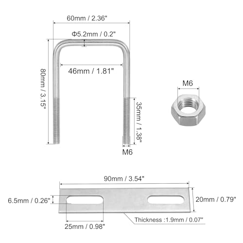 Image of PATIKIL M6x45x80mm Square U-Bolts Kit, 2Set 304 Stainless Steel Square U Shaped Bolts Replacement Parts with Frame Plates and Nuts for Ski Board Sailboat Trailer