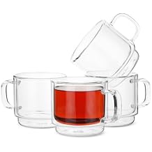 BTaT- Double Walled Stackable Glass Coffee Mugs, 12 oz, Set of 4, Glass Coffee Cups with Handle, Insulated Clear Coffee Mug for Hot and Cold Beverages, Cappuccino, Latte, Tea, Americano