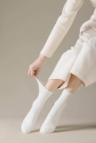 Women Ruffle-Wool Lettuce Edge Ruffle Ankle Socks for Women, Cozy Knit Turn-Cuff Crew Socks with Frills, Casual Warmth and StyleCuff Socks, Black, Tan, Orange, White, Dark Brown, One Size4