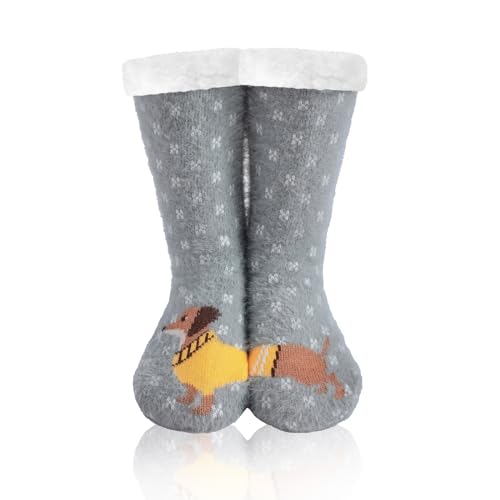 WOTENCE Hausschuhe Socken Damen Wollsocken Wintersocken Soft Warm Niedlichen Tier Winter Anti-Rutsch Socken Damen Thermosocken(Hund Grau)…