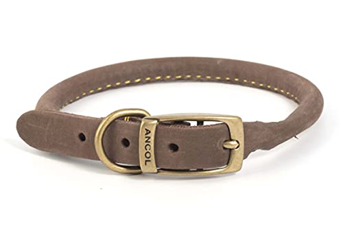 Ancol Timberwolf Bonded Thread Leather Round Dog Collar - Sable - Soft Leather Design with Antique Gold Buckle - Ideal for Long Haired Dogs - 28-36cm Size 3