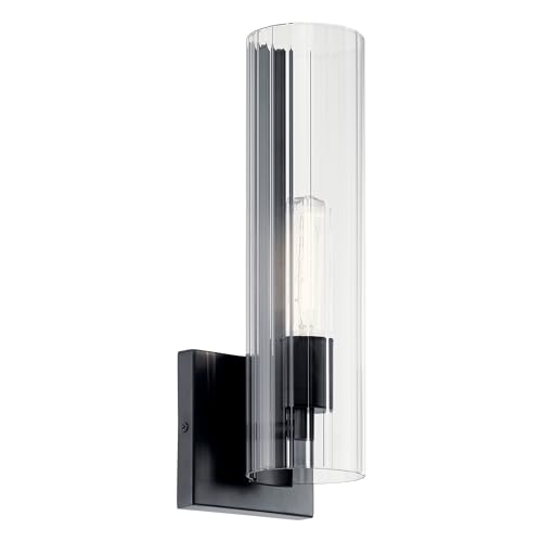 Image of Kichler Jemsa 1 Light Wall Sconce, Modern Light with Clear Fluted Glass in Black for Bathroom, Powder Room, Sides of Fireplace, Down a Hallway, Kitchen, or Bedroom (14 inch x 4.75 inch), 55165BK