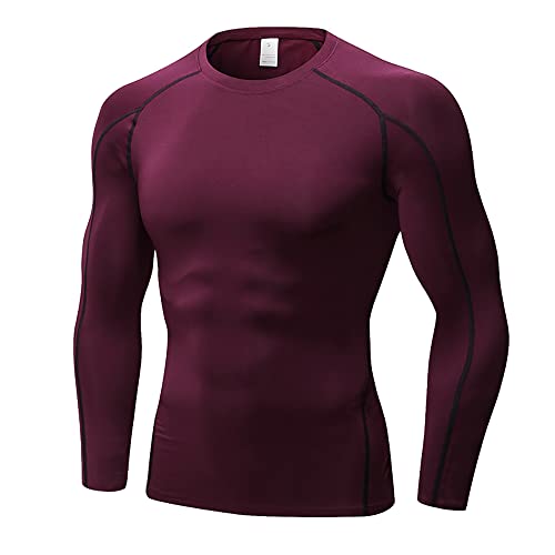 Eargfm Men's Long Sleeve Compression Shirt Workout Running, Quick Dry Athletic Base Layer Active Sports T-Shirt Wine Red #TOP14