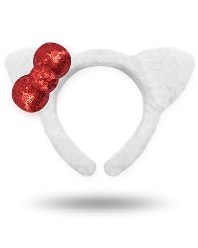 Taranovi White Cat Ears Headband - Hair Accessories with Sparkle Red Bow for Adult Women Halloween Costume Party