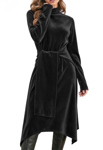 Image of Jayscreate Women's 2023 Long Sleeve Sweater Dress Fall Winter Midi Tie Front Knit High Waist Business Casual Dress