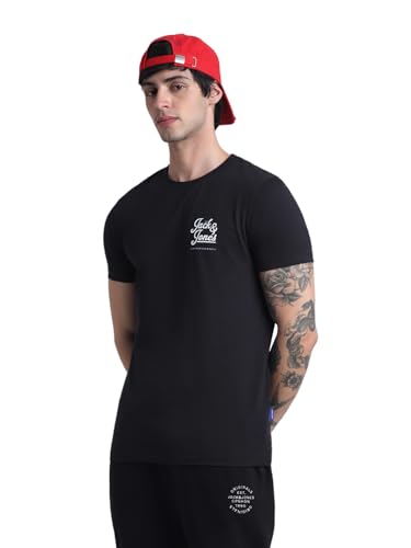 Image of Jack & Jones Men Pure Cotton Typography Printed Slim Fit T-Shirt