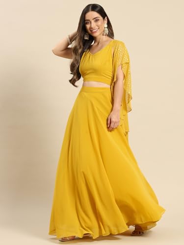 Image of TRENDMALLS Yellow Semi-Stitched Crop Top Lehenga Choli with Foil Print Dupatta For Women (L254-Yellow)