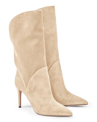 Coutgo Womens Mid Calf Boots Stiletto High Heel Pointed Toe Boots Pull On Suede Winter Dress Shoes