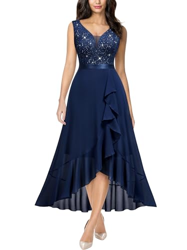 Image of Miusol Women's Vintage V-Neck Sleeveless Sequined Floral Lace Ruffle Split Evening Party Dress (X-Large, A-Navy Blue)
