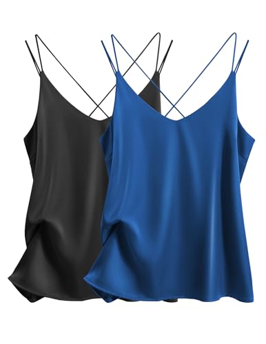 Image of Ekouaer Womens 2-Pack Silk Satin Camisole Tank Top V Neck Sexy Cross Back Spaghetti Strap Cami Sleeveless Lounge Tops S-XXL