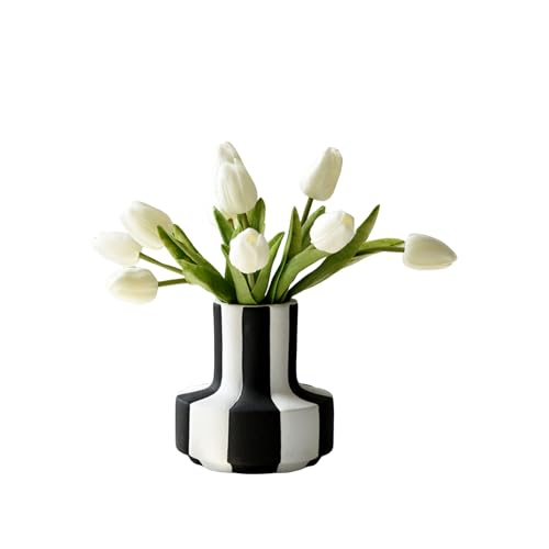 Modern Nordic Black and White Striped Ceramic Vase – Rough-Textured Minimalist Tabletop Decor for Living Room, Bedroom, Office – Unique Centerpiece for Wedding or Housewarming Gift