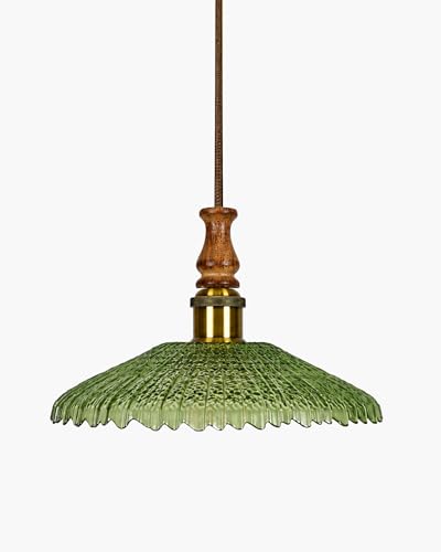 Image of Homesake Botanica Pendant Lamp | Petal Scalloped Glass Hanging Light with Solid Wood Top | Vintage European Ceiling Fixture, Pendant Light for Home Decor, Hallway, Kitchen & Balcony, (Ripple, Green)