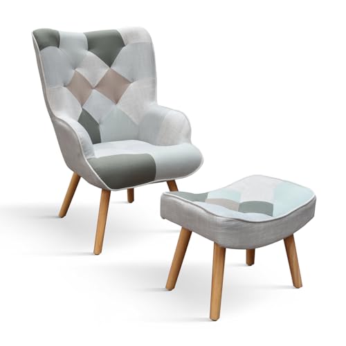 PAZZO DESIGN Poltrona Mila, Set Da 1, Multicolore, Tessuto, Relax, Lettura, Comoda, Gambe Legno, Con Poggiapiedi - id_2122