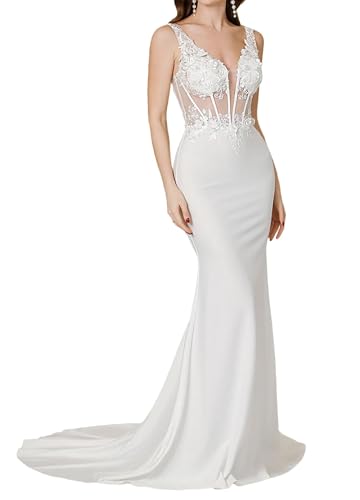 MisShow Boho Lace Corset Wedding Dresses for Bride 3D Flower Applique V Neck Mermaid Beach Bridal Gowns