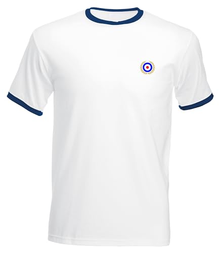 Image of Apm Apparel Mod Target Laurel Wreath Embroidered Mens Ringer T Shirt Scooter Ska Mods Embroidery (UK, Alpha, L, Regular, Regular, White/Navy)