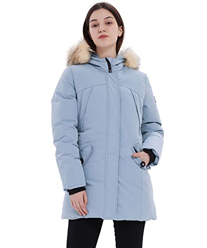 PUREMSX Women's Winter Parka, Water Resistant Padded Insulated Outwear Outdoor Ski Sport Jacket Warm Overcoat Fur Hood,Light Blue,X-Small