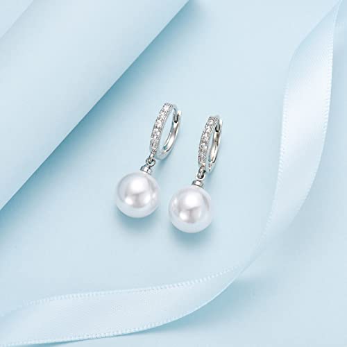 EPIRORA Sterling Silver Simulated Shell Pearl Hoop Earrings Cubic Zirconia Dangle Drop Earrings Jewelry for Women 10mm, Silver/Gold4