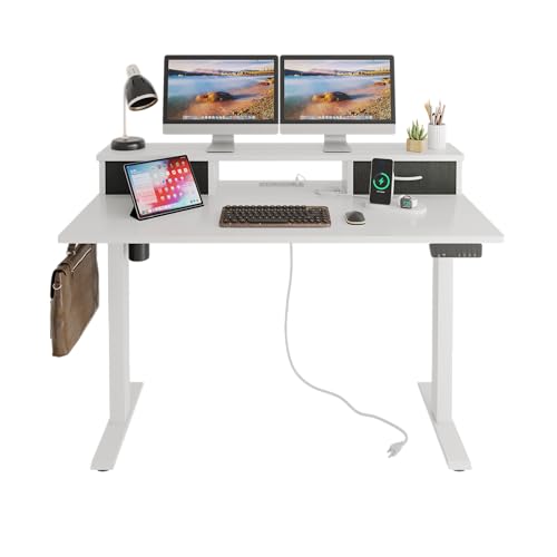 MZPVK Standing Desk 47 x 24 inch,Height Electric Adjustable Computer Desk with 2 Drawers,Stand Up Gaming Desk with Power Outlets & Storage Hook Console,Sit Stand Desk,Office Desk(White)