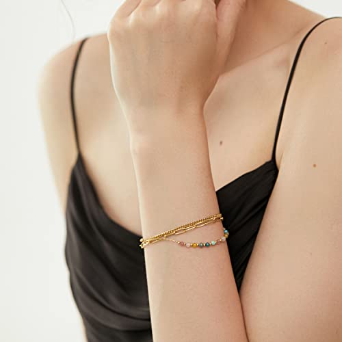 YADUDA Layered Bracelets Dainty Gold Bracelets for Women Chain Link Paperclip with Malachite Colorful Mixed Stones Blue Turquoise Rhodochrosite Adjustable 14K Gold Plated Boho Bracelets for Women4