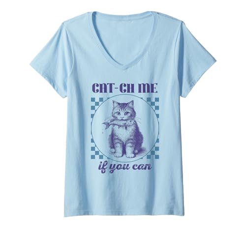 Mujer Divertido gráfico de gato retro lindo estilo vintage amantes de los gatos mascota Camiseta Cuello V