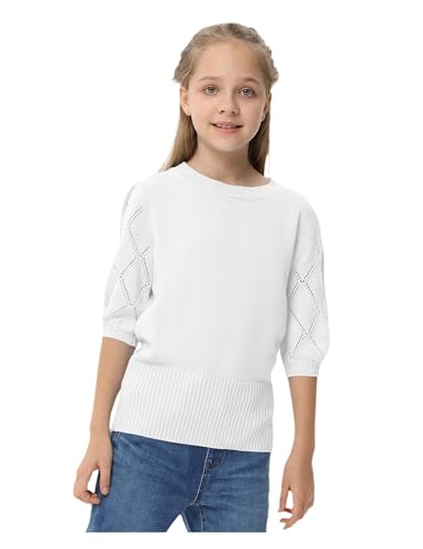 Kids' Cute Crewneck Pullover Sweater with Puff Short Sleeves - Fall Blouse for Girls 5-14 Years