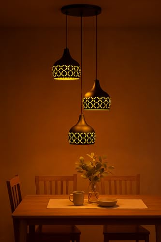 TRIPPING Black Industrial Pendant Lamp with 3 Adjustable Hanging Lights – Vintage Helmet-Shaped Design, Laser-Cut Pattern, Warm Ambient Glow – Ideal for Dining, Living Room, Café, Bar Décor