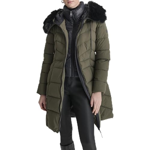 DKNY Women's Bib-Front Faux-Fur Trim Hooded Long