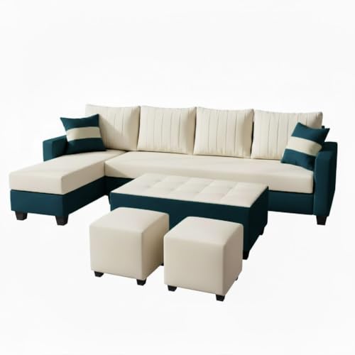 Image of FURNY Avenue 8 Seater Fabric LHS L Shape Sofa Set with 1 Centre Table & 2 Puffy (Cream-Greenish Teal) Premium Velvet Finish