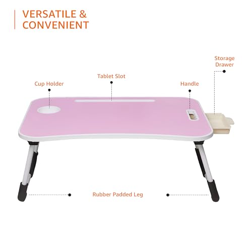 Image of Amazon Basics Engineered Wood Foldable Laptop Table with Cup Holder, Tablet Groove and Mini Drawer (60L x 40W x 26H cm, Pink)