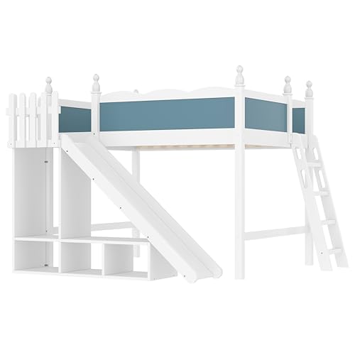 Image of Full Size Loft Bed with Storage Shelves, Cabinet & Detachable Slide and Ladders, Solid Wood Kids Loft Bed for Space-Saving, Playful & Organized Bedroom (Blue+Light White2, Full)