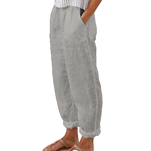 Women Solid Trousers Casual Baggy Relaxed Fit Elastic Waist Wide Loose Rolled Leg Soft Pants with Pockets (Grey, XL)